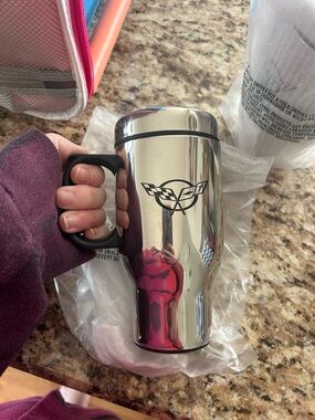 Stainless Steel Silver Travel Mug with Handle - Corvette Logo